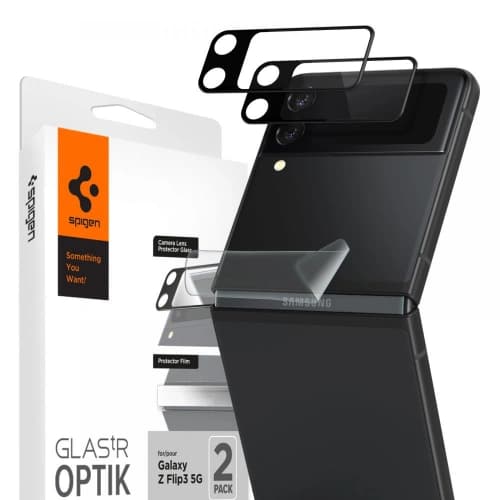 Gehärtetes Glas für Spigen Optik Kameraobjektiv + Folie Hinge Film Samsung Galaxy Z Flip 3 Schwarz [2+2 PACK]