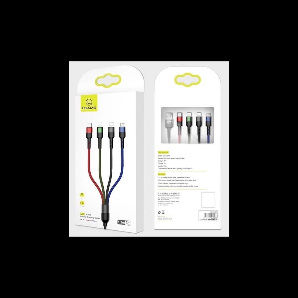 USAMS Nylon Cable U26 4in1 0.35m 2A Fast Charge (2xLightning/microUSB/USB-C) SJ411USB01 (US-SJ411) - 3