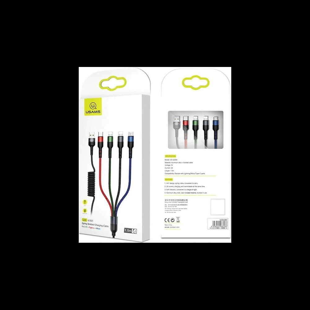 USAMS Nylon Cable U26 4in1 1.5m 2A Fast Charge Springs (2xLightning/microUSB/USB-C) SJ349USB01 (US-SJ349) - 13