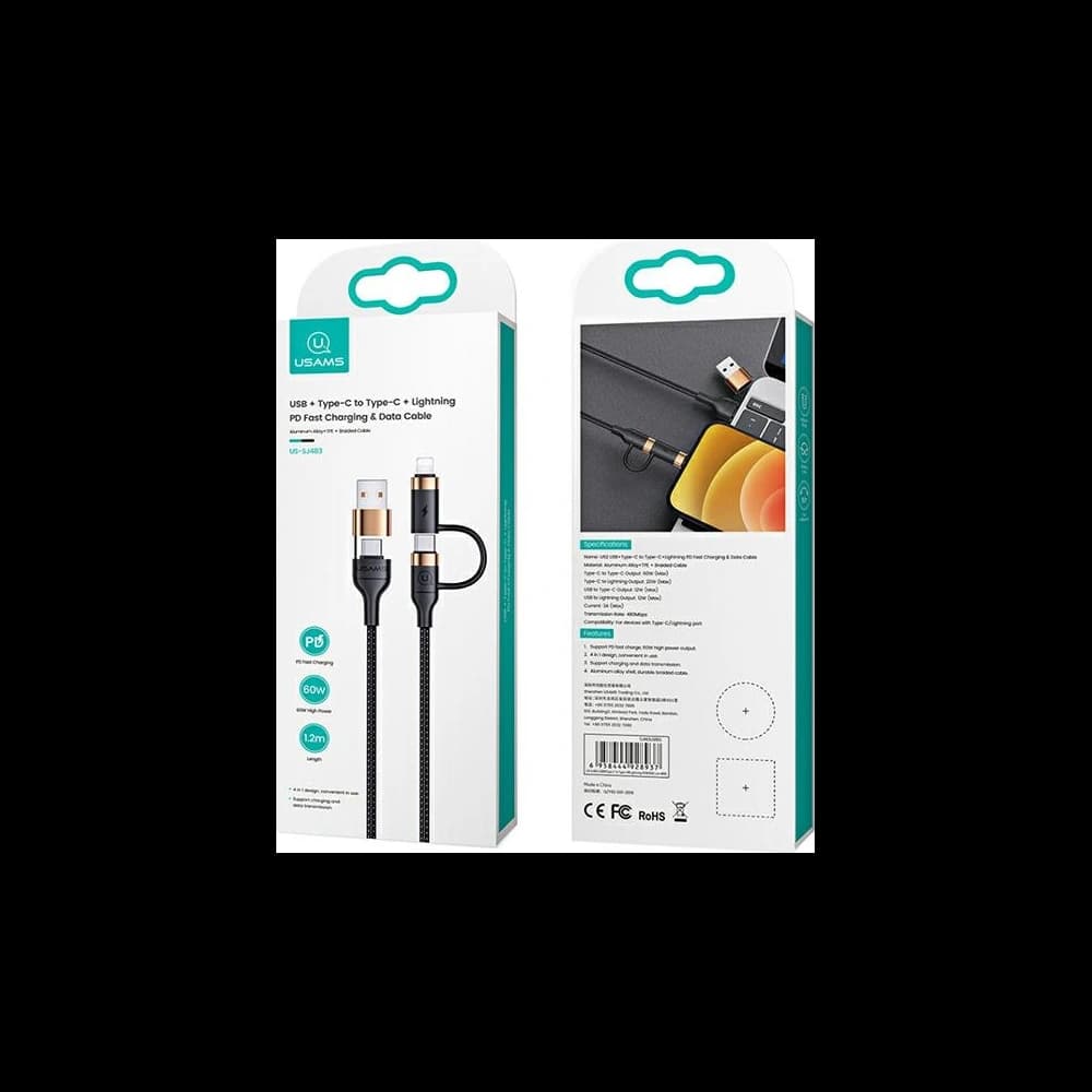 USAMS U62 2xUSB-C/USB-A /lightning 1,2m PD Fast Charge geflochtenes Kabel schwarz SJ483USB01 - 9