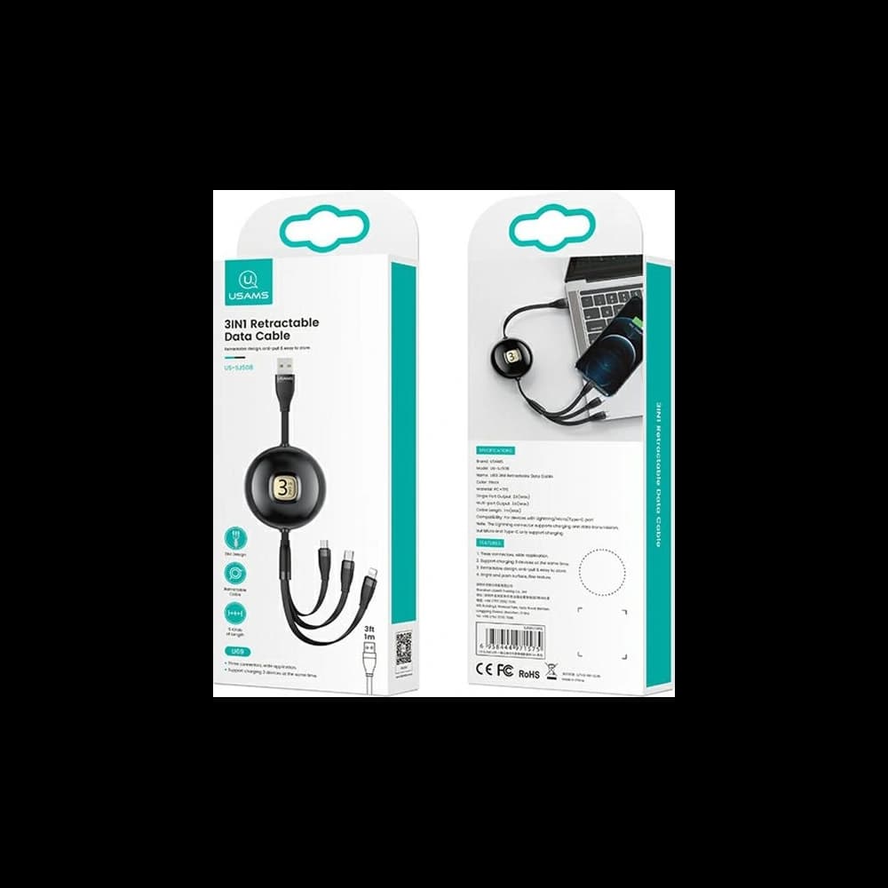 USAMS Cable U69 3in1 1m black (Lightning/microUSB/USB-C) SJ508USB01 (US-SJ508) - 7