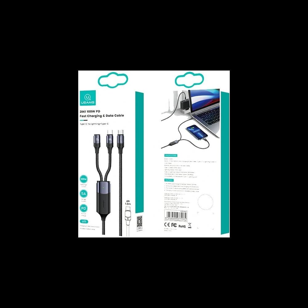 Kabel USAMS U71 USB-C/Lightning auf USB-C 1,2m 100W PD Fast Charge schwarz SJ550USB01 - 8