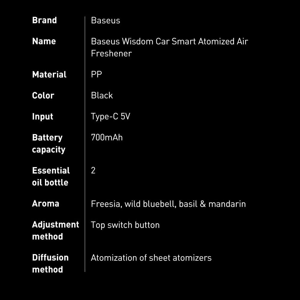 Auto-Lufterfrischer Baseus + 2 Nachfüllungen (Freesie + Basilikum mit Mandarine) + 1m schwarzes USB-C-Kabel - 23