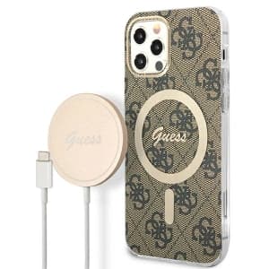 Set Guess Case + kabelloses Ladegerät GUBPP12MH4EACSW für Apple iPhone 12/12 Pro braun/brown Hartschale 4G Print MagSafe