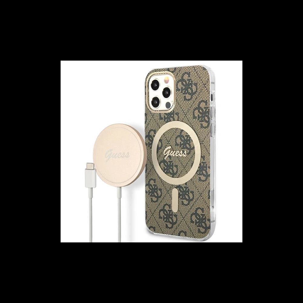 Set Guess Case + kabelloses Ladegerät GUBPP12MH4EACSW für Apple iPhone 12/12 Pro braun/brown Hartschale 4G Print MagSafe - 1