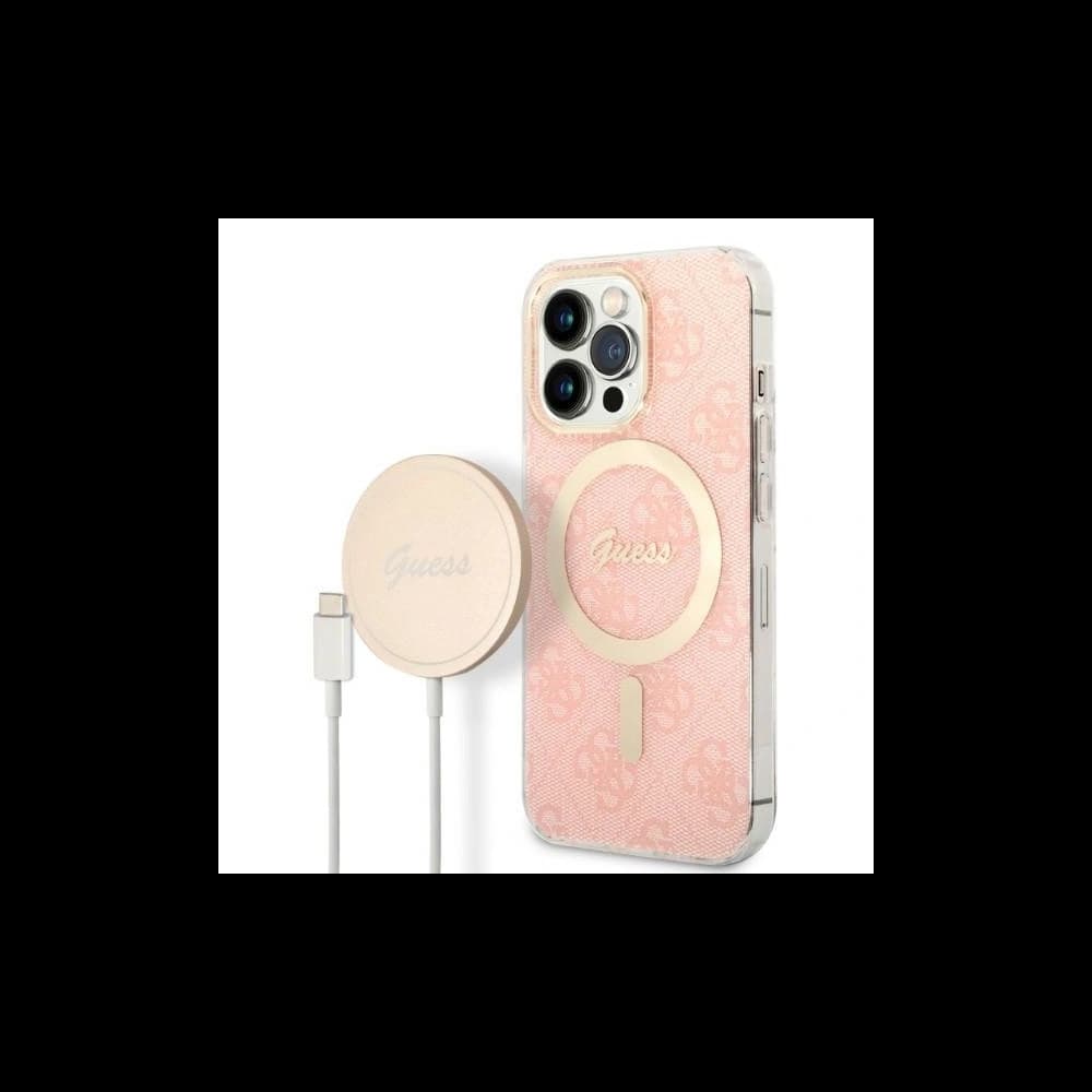 Set Guess Case + kabelloses Ladegerät GUBPP13LH4EACSP für Apple iPhone 13 Pro rosa/pink Hardcase 4G Print MagSafe - 1