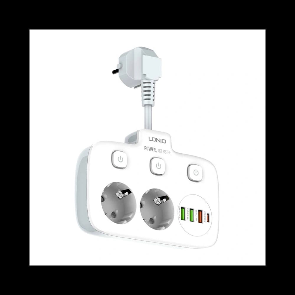 Steckdosenleiste mit 2 AC-Steckdosen, 3x USB, USB-C, LDNIO SE2435, 2500W (weiß) - 3