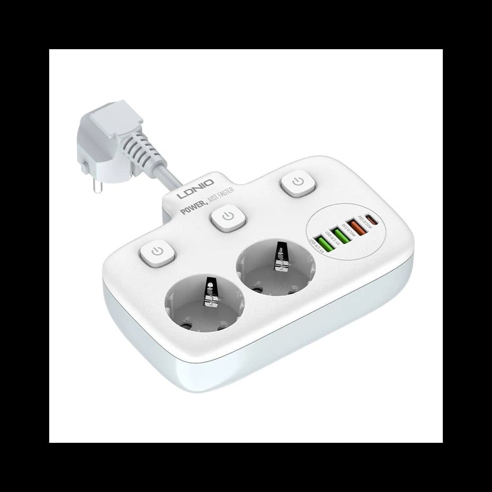 Steckdosenleiste mit 2 AC-Steckdosen, 3x USB, USB-C, LDNIO SE2435, 2500W (weiß) - 5