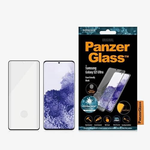 PanzerGlass Samsung Gehärtetes Glas E2E Microfracture Galaxy S21 Ultra Case Friendly Finger Print AntiBacterial schwarz/schwarz