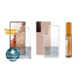 PanzerGlass Samsung Start Kit Galaxy S21+ Plus TPU Bildschirmschutz, ClearCase, Spray 30ml