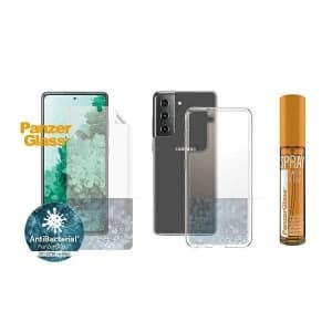 PanzerGlass Samsung Start Kit Galaxy S21 TPU Bildschirmschutz, ClearCase, Spray 30ml