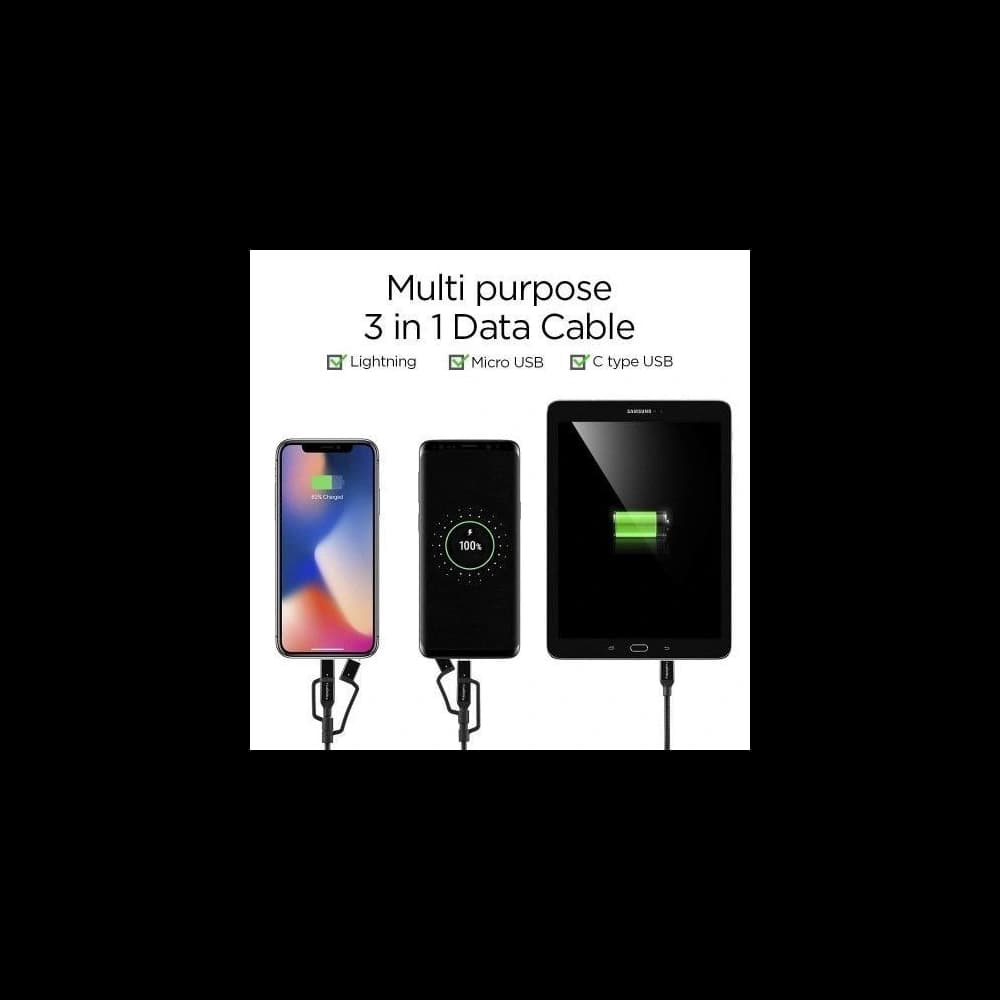 Spigen C10I3 3in1 USB-C & Lightning & microUSB Cable 150cm Black - 5
