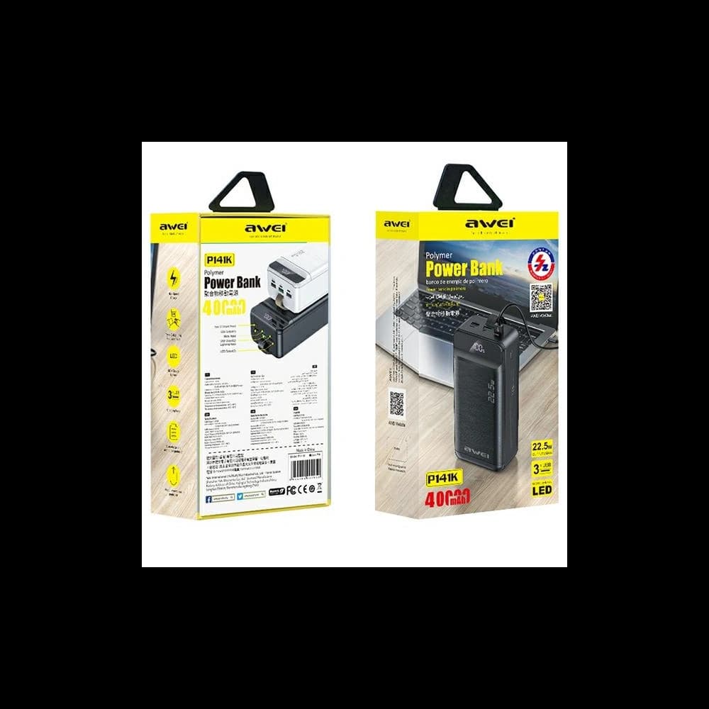 Powerbank AWEI P141K 40000mAh 22.5W schwarz/schwarz 3xUSB/PD/Blitzanzeige + LED-Licht - 10