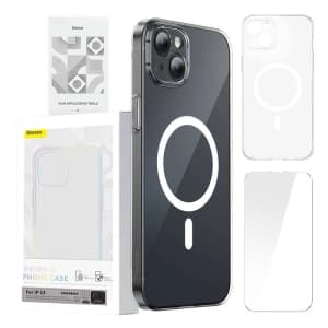 Baseus Apple Case Magnetic Crystal Clear iPhone 13 (transparent) + gehärtetes Glas + Reinigungsset