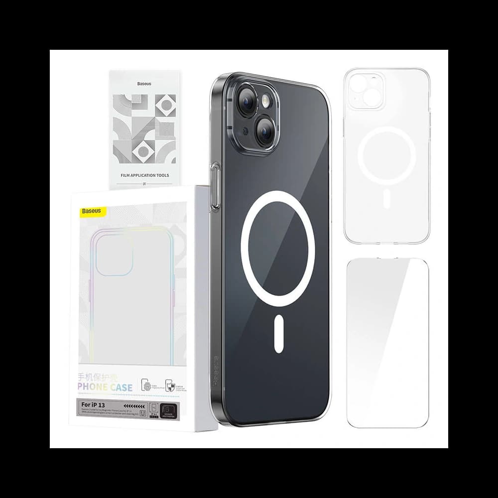 Baseus Apple Case Magnetic Crystal Clear iPhone 13 (transparent) + gehärtetes Glas + Reinigungsset - 1