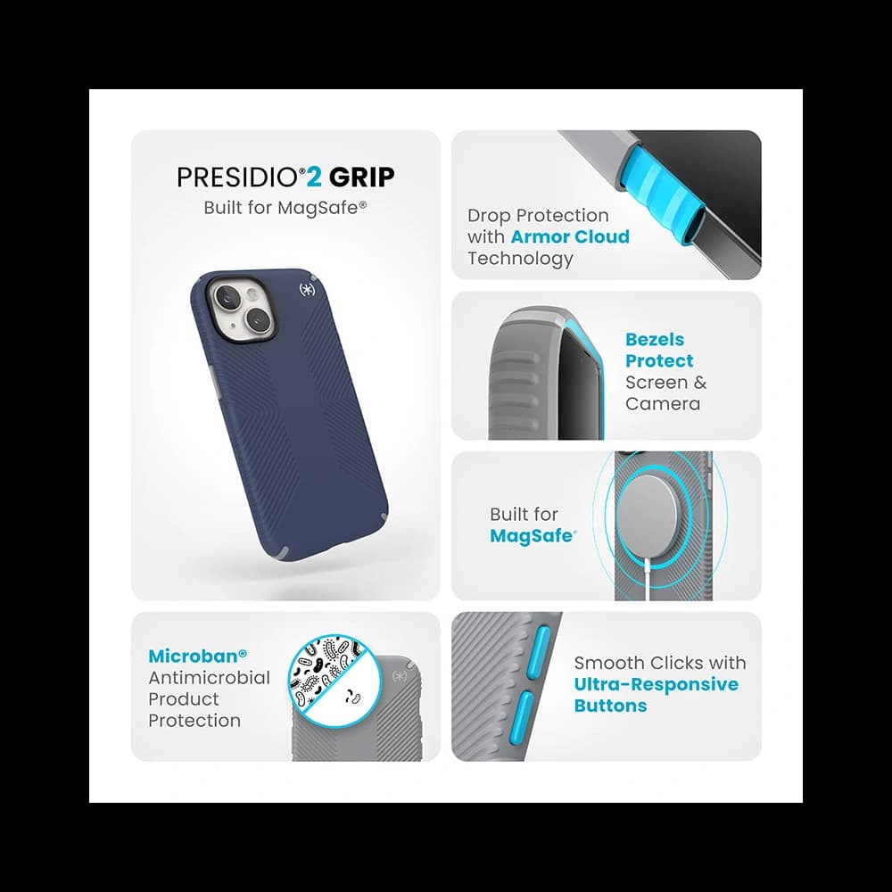 Speck Presidio2 Grip MagSafe Apple iPhone 15 (Coastal Blue/Dustgrey/White) - 11