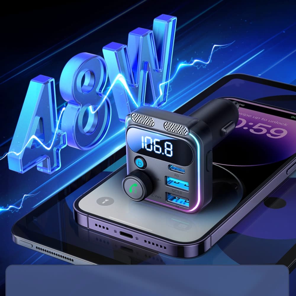 Joyroom FM transmitter JR-CCB01 2xUSB-A USB-C 48W with dual microphone black - 8