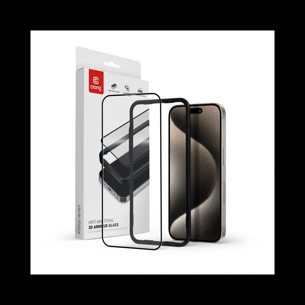 Gehärtetes Glas Crong Anti-Bakteriell 3D Rüstungs-Glas Apple iPhone 15 Pro Max + Installationsrahmen - 1