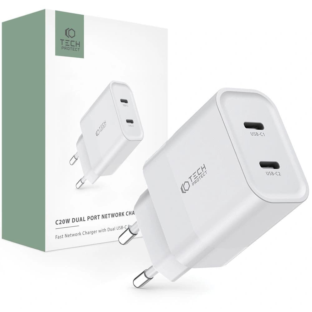 Netzteil Tech-Protect C20W Netzladegerät 2xUSB-C, PD, 20W Weiß - 1