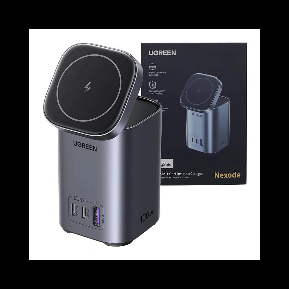 UGREEN CD342 GaN 2-in-1 charger / charging station 1xUSB-A, 2xUSB-C, Qi, 100W grey - 2