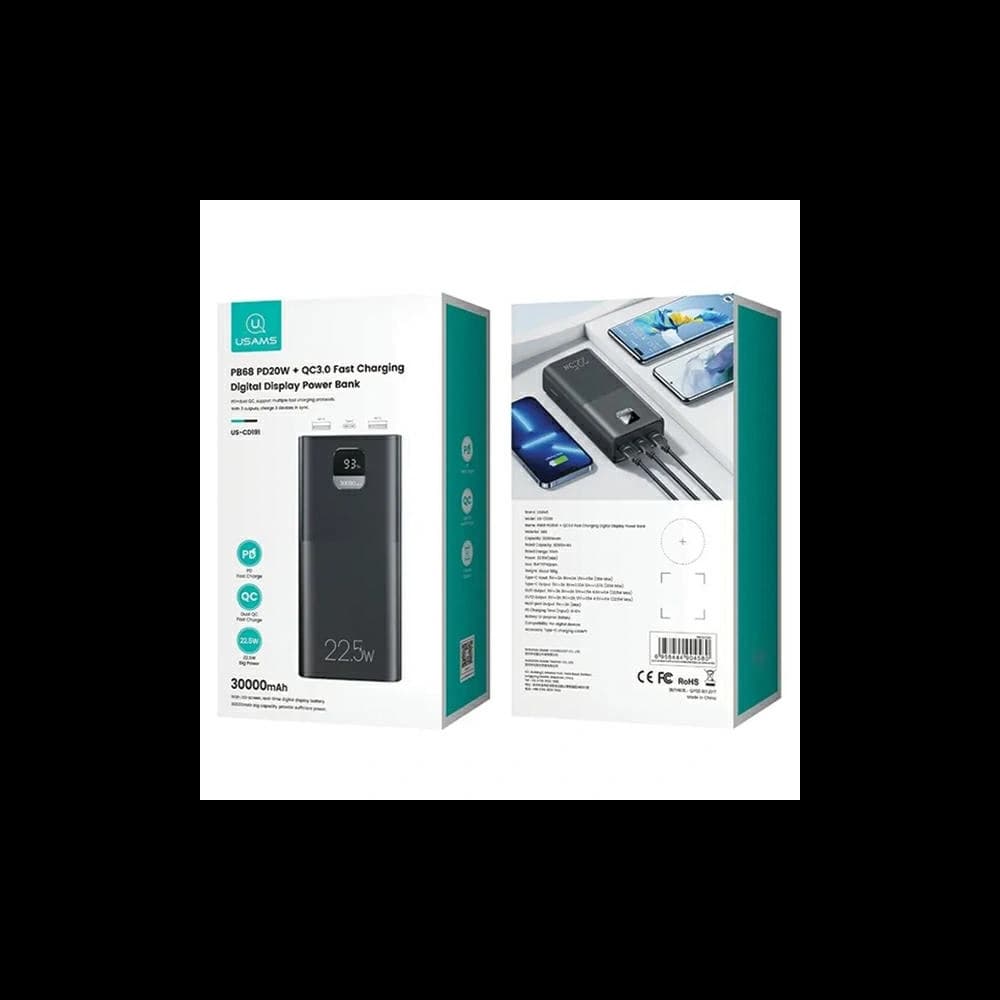 USAMS PB68 powerbank 30000mAh 2xUSB-A, USB-C, 20W, PD, QC 3.0 with display black - 9