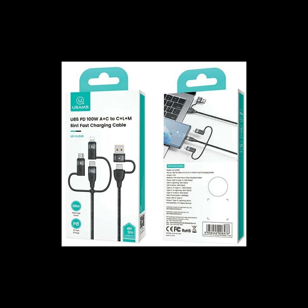 USAMS US-SJ646 U85 USB-A+USB-C/USB-C, Lightning, microUSB 6w1 2m 100W PD Fast Charge black - 7