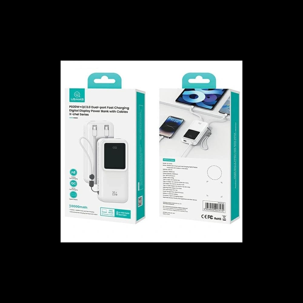 USAMS power bank with built-in USB-C + Lightning cables 30000mAh 20W PD+QC 3.0 Fast Charge X-chel Series white - 9