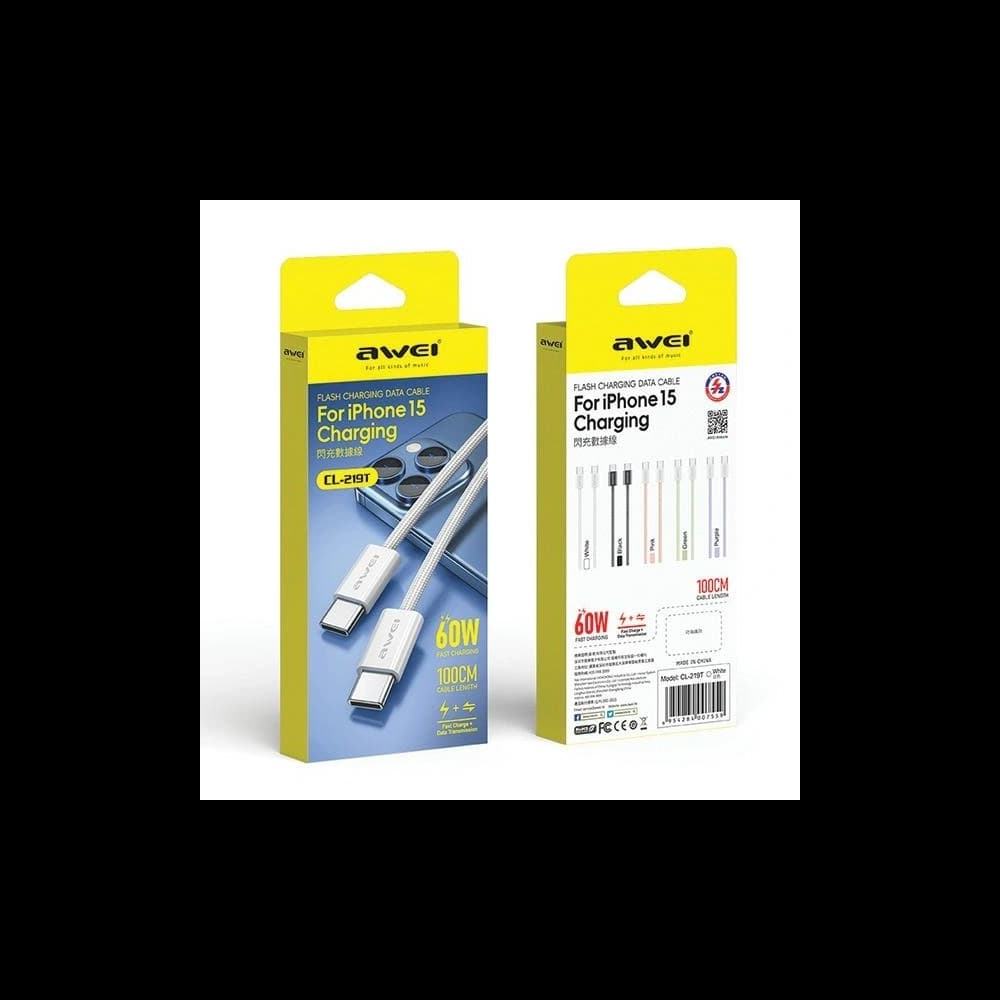 AWEI CL-219T USB-C / USB-C Kabel 60W 1m kompatibel mit iPhone 15 schwarz - 7