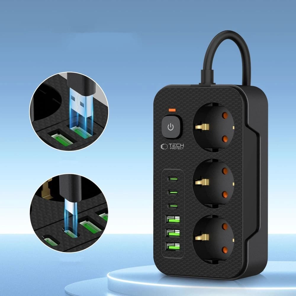 Tech-Protect PC3X6 Power Socket 3xUSB-A, 3xUSB-C, 3xAC 200cm Black - 3