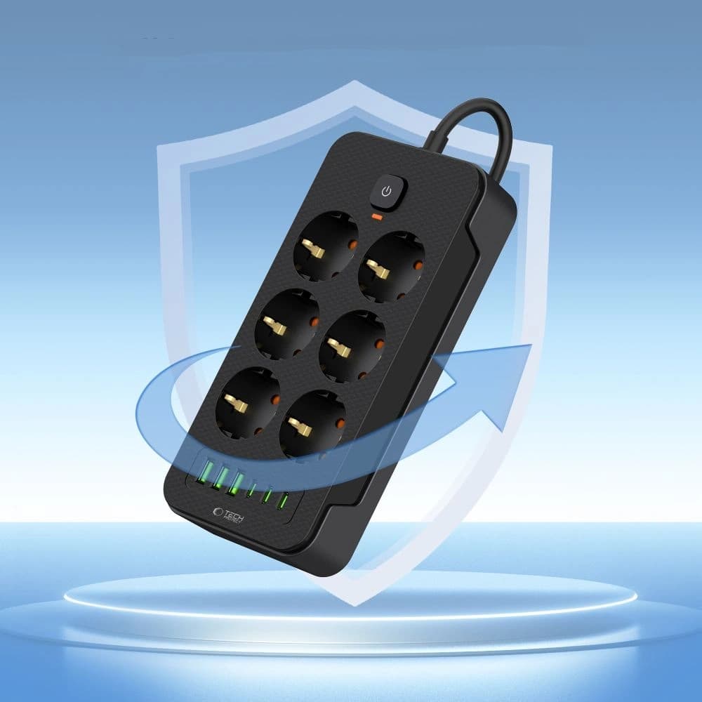 Tech-Protect PC6X6 Steckdosenleiste 3xUSB-A, 3xUSB-C, 6xAC 200cm Schwarz - 4