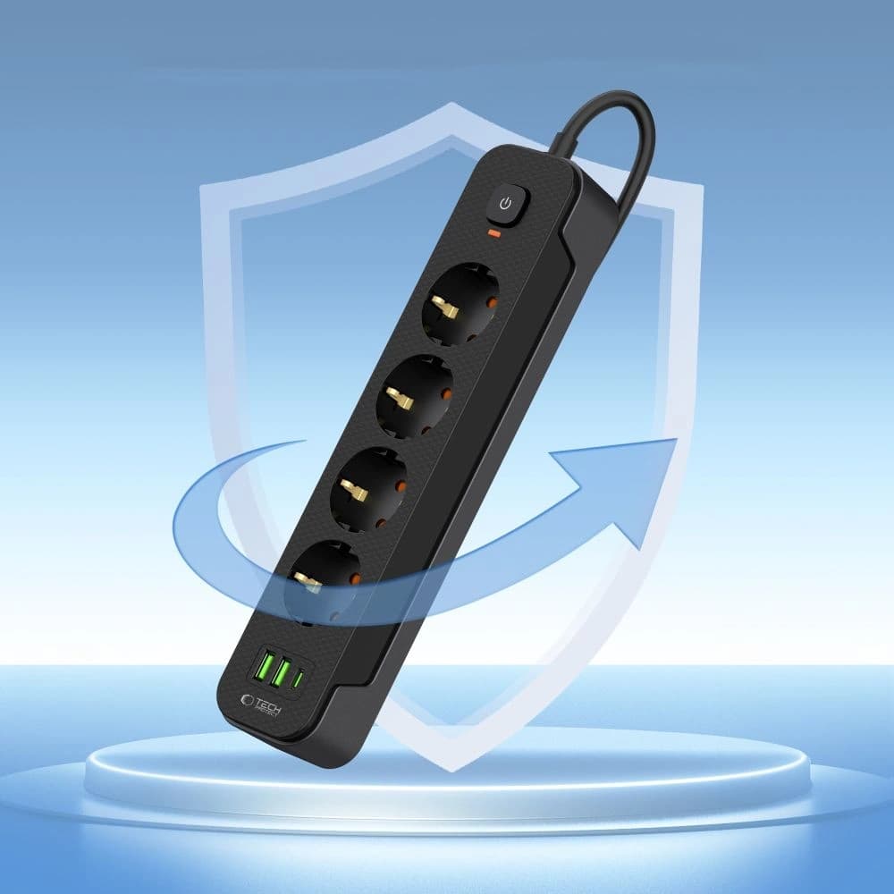 Tech-Protect PCL4X3 Power Socket Lang 2xUSB-A, USB-C, 4xAC 200cm Schwarz - 4