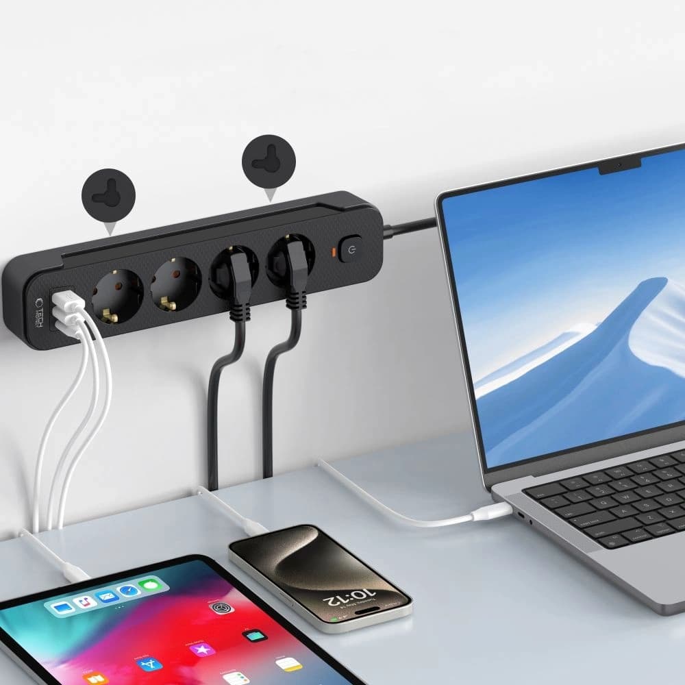 Tech-Protect PCL4X3 Power Socket Lang 2xUSB-A, USB-C, 4xAC 200cm Schwarz - 5