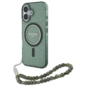 Guess GUHMP16MHGCRELSA Apple iPhone 16 Plus hardcase IML Glitter With Pearl Strap MagSafe green
