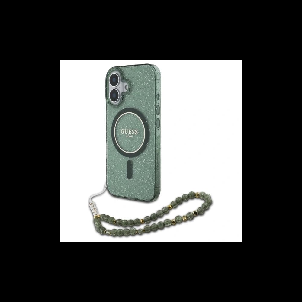 Guess GUHMP16MHGCRELSA Apple iPhone 16 Plus Hardcase IML Glitter mit Perlenriemen MagSafe grün - 1
