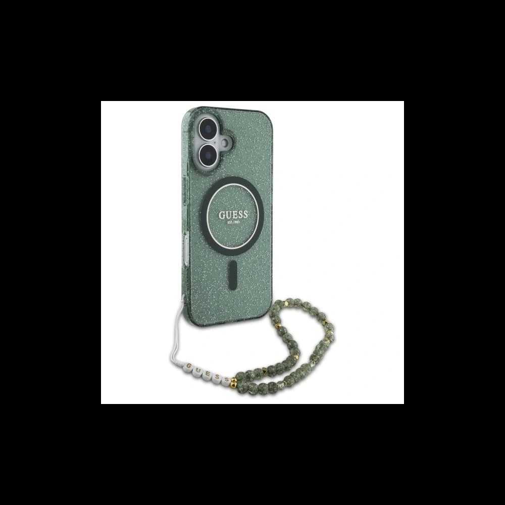 Guess GUHMP16MHGCRELSA Apple iPhone 16 Plus Hardcase IML Glitter mit Perlenriemen MagSafe grün - 3