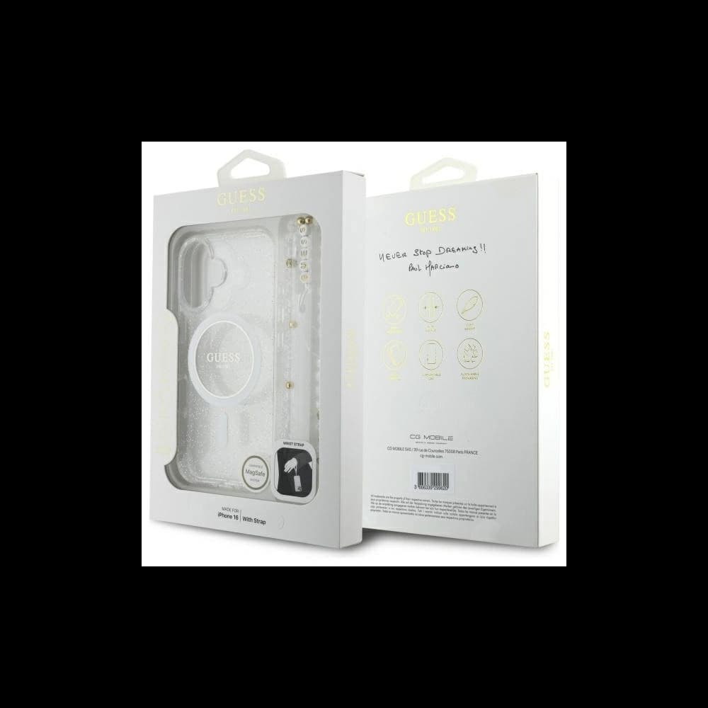 Guess GUHMP16MHGCRELST Apple iPhone 16 Plus Hardcase IML Glitter mit Perlenriemen MagSafe transparent - 8