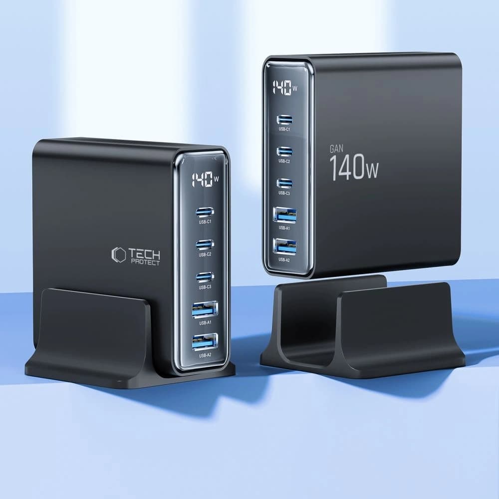 Tech-Protect DC140W-GAN 5-port 2xUSB-A, 3xUSB-C Desktop Charger PD140W / QC3.0 Black - 3