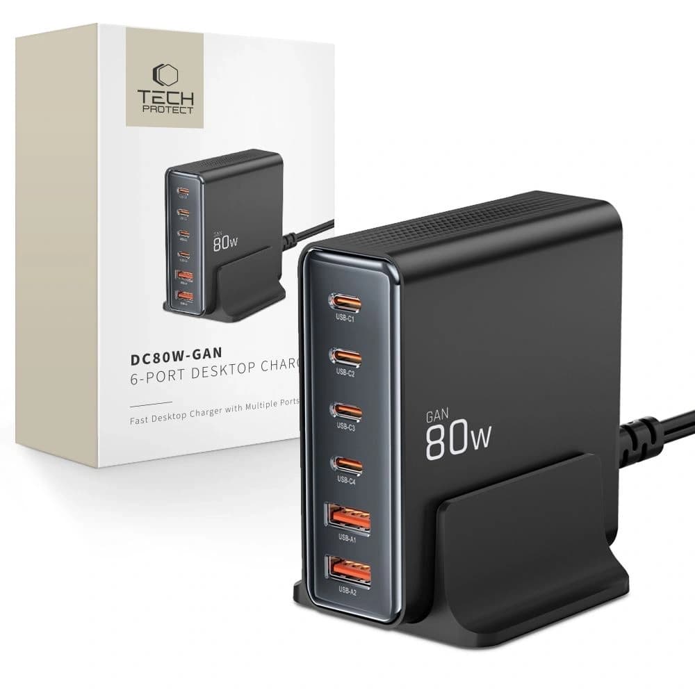 Tech-Protect DC80W-GAN charging station 6-port 2xUSB-A, 4xUSB-C desktop charger PD80W / QC3.0 black - 1