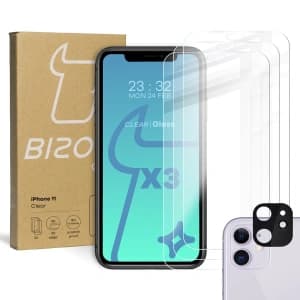 Bizon Glas Klarglas gehärtetes Glas - 3 Stück. + Linsenglas Apple iPhone 11