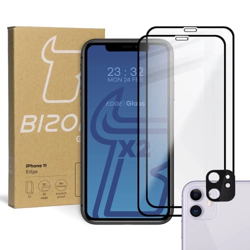 Bizon Glass Edge CF gehärtetes Glas - [2 PACK] + Linsenschutz Apple iPhone 11 schwarz