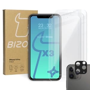 Bizon Glas Klar gehärtetes Glas - 3 Stück. + Linsenglas Apple iPhone 11 Pro