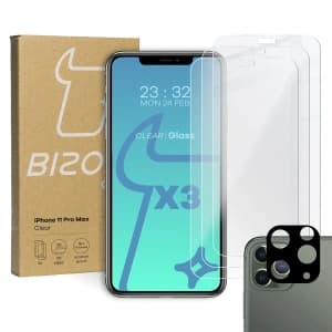 Bizon Glass Klarglas gehärtetes Glas - 3 Stück. + Linsenglas Apple iPhone 11 Pro Max