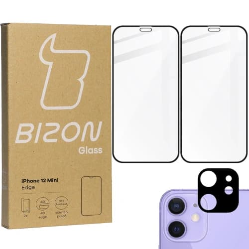 Bizon Glass Edge CF gehärtetes Glas - [2 PACK] + Linsenschutz Apple iPhone 12 Mini schwarz