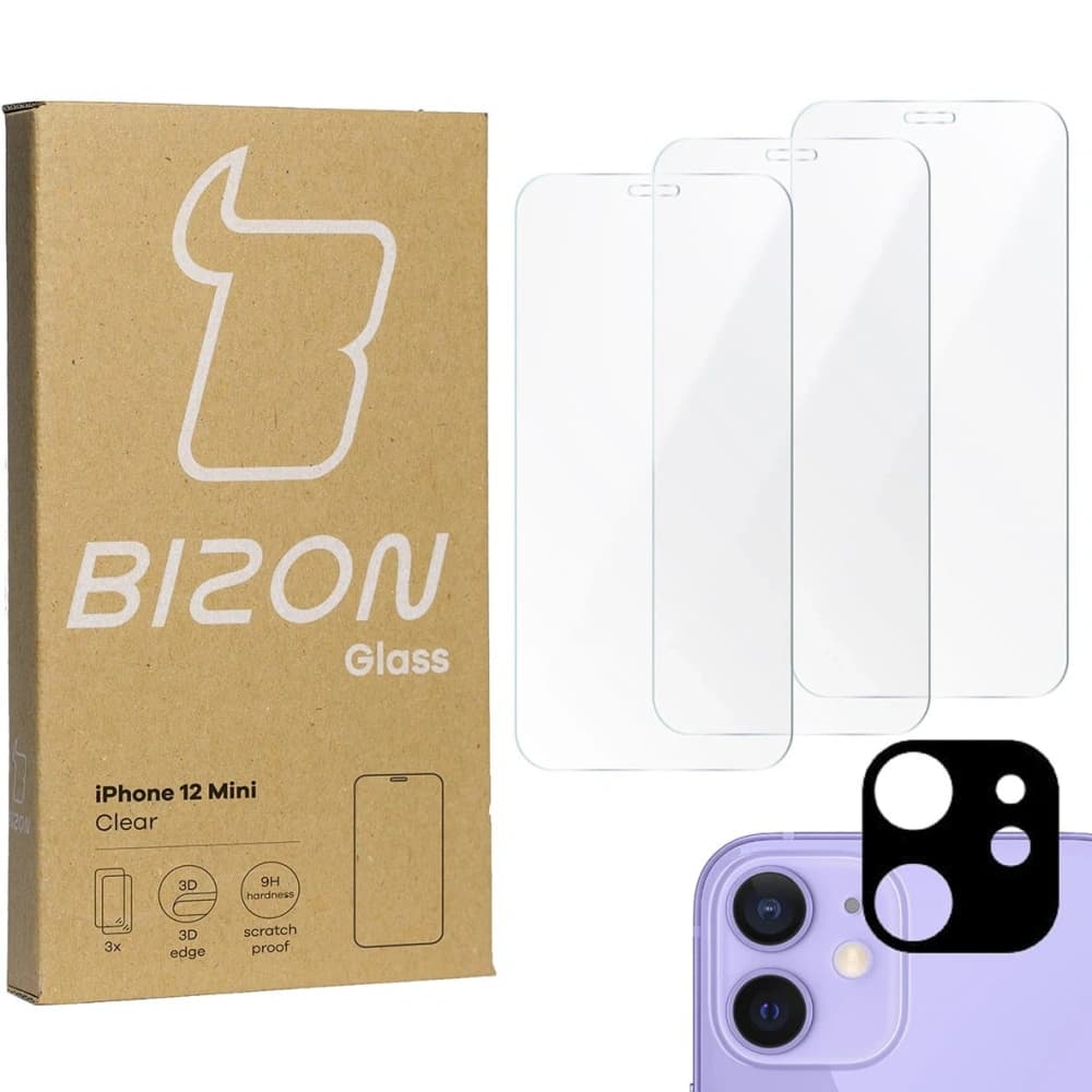 Bizon Glass Clear tempered glass - 3 pcs. + lens glass Apple iPhone 12 Mini - 1