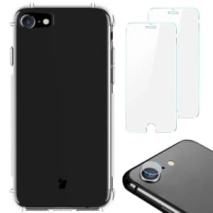 Bizon Case Clear Pack Hülle + 2x Schutzglas + Linsenglas Apple iPhone SE 2022/2020 8/7 klar