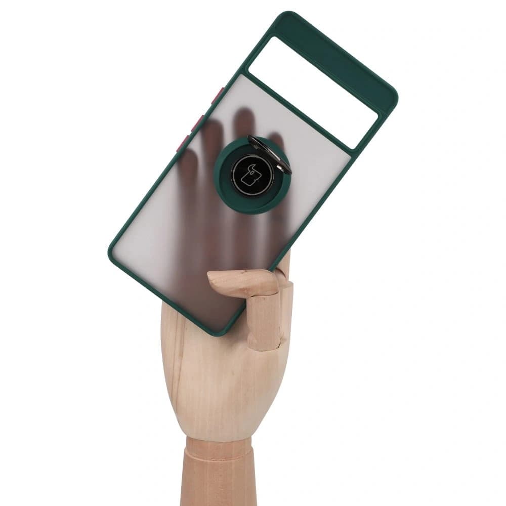 Bizon Case Hybrid Ring Google Pixel 7 Pro rauchig mit einem dunkelgrünen Rahmen - 7