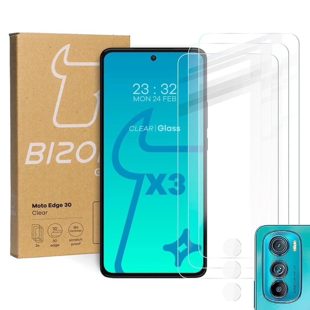 Bizon Glass Clear tempered glass - 3 pcs. + lens glass Motorola Edge 30 - 1