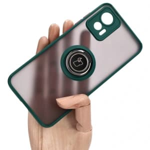 Bizon Case Hybrid Ring Motorola Edge 30 Neo rauchig mit einem dunkelgrünen Rahmen