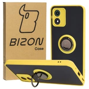 Bizon Case Hybrid Ring Motorola Moto E13 rauchig mit einem gelben Rahmen