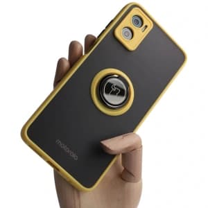 Bizon Case Hybrid Ring Motorola Moto E22 / E22i rauchig mit einem gelben Rahmen